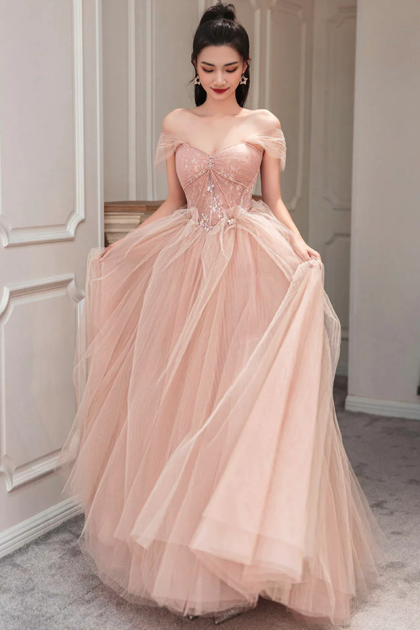 Pink Tulle Long A Line Prom Dress, Cute Off the Shoulder Graduation Dress KPP1749