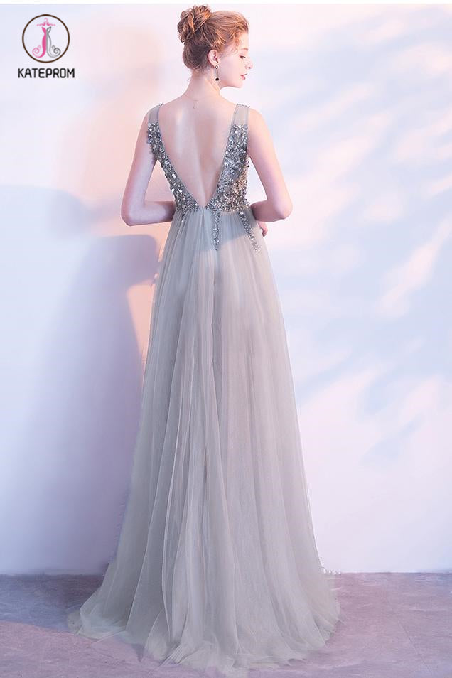 Burgundy V Neck Tulle Prom Dress with Sequins and Rhinestone, Sparkly Evening Dress KPP0694