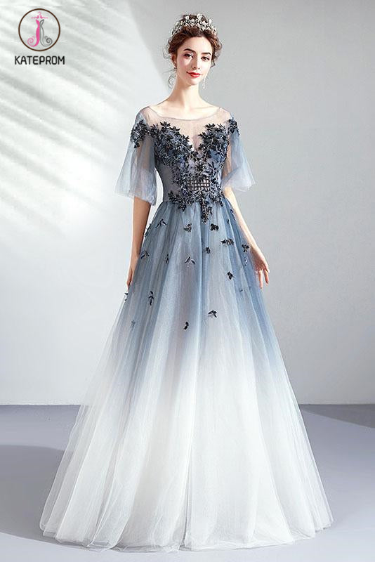 Floor Length Half Sleeves Tulle Long Ombre Prom Dress with Appliques KPP1072