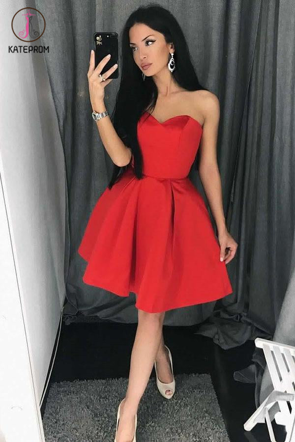 A Line Red Sweetheart Homecoming Dress, Simple Strapless Junior Prom Dresses KPH0396