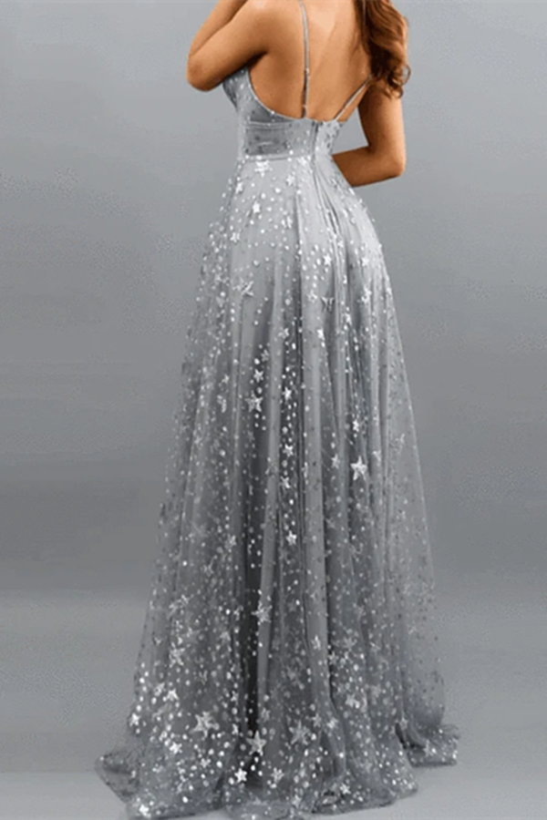A Line Glittering Sexy Engagement Prom Dress V Neck Sleeveless Sequin Split Evening Dress KPP1455