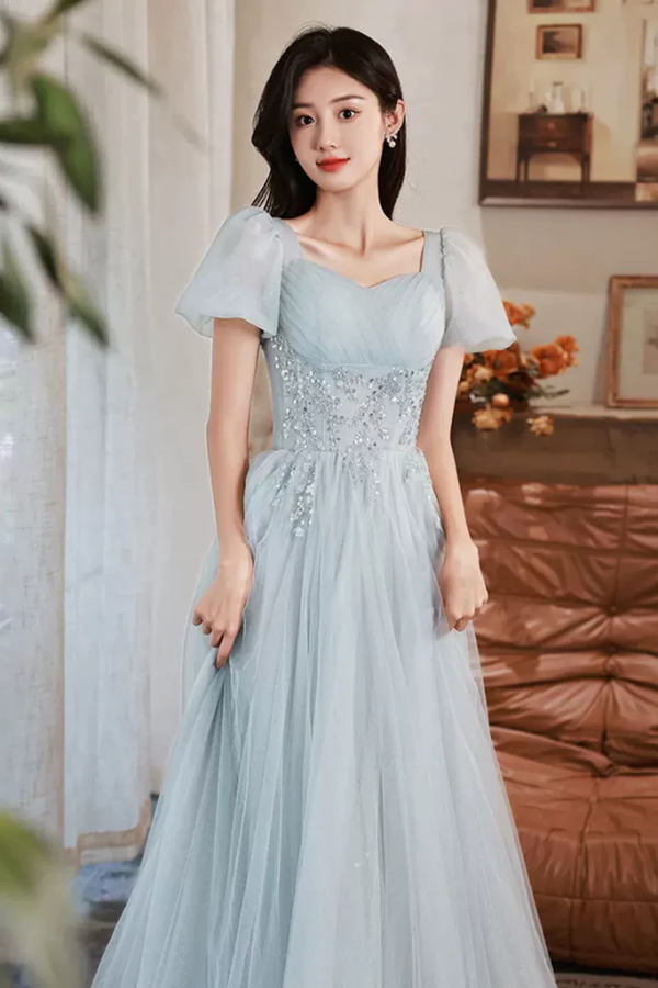 Short Sleeves Beaded Blue Long Prom Dress, Princess Blue Formal Graduation Evening Dress KPP1725
