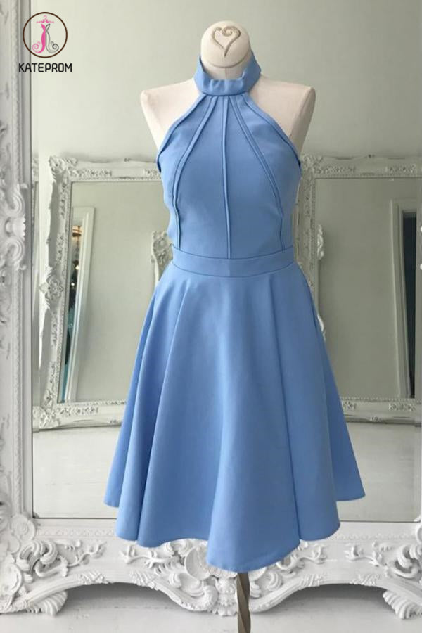 A Line High Neck Sleeveless Knee Length Homecoming Dress, Blue Prom Gown KPH0297