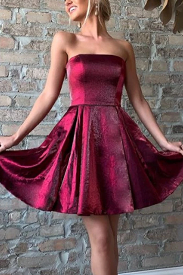 Strapless Burgundy Satin Short Homecoming Dresses, Party Dresses KPH0574