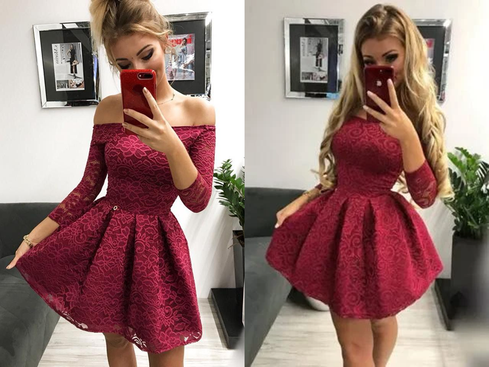 Cute Off the Shoulder Long Sleeves Burgundy Lace Homecoming Dresses Sweet 16 Dresses KPH0572