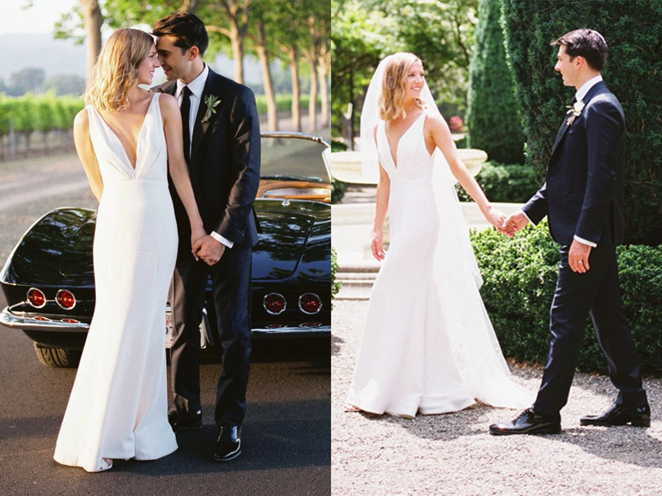 Elegant Sheath V Neck Off White Wedding Dresses, Simple Beach Wedding Gown KPW0683