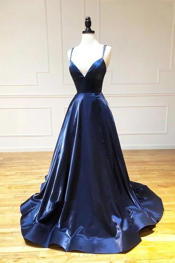Simple Spaghetti Straps Long V Neck Navy Blue Prom Dresses KPP1485