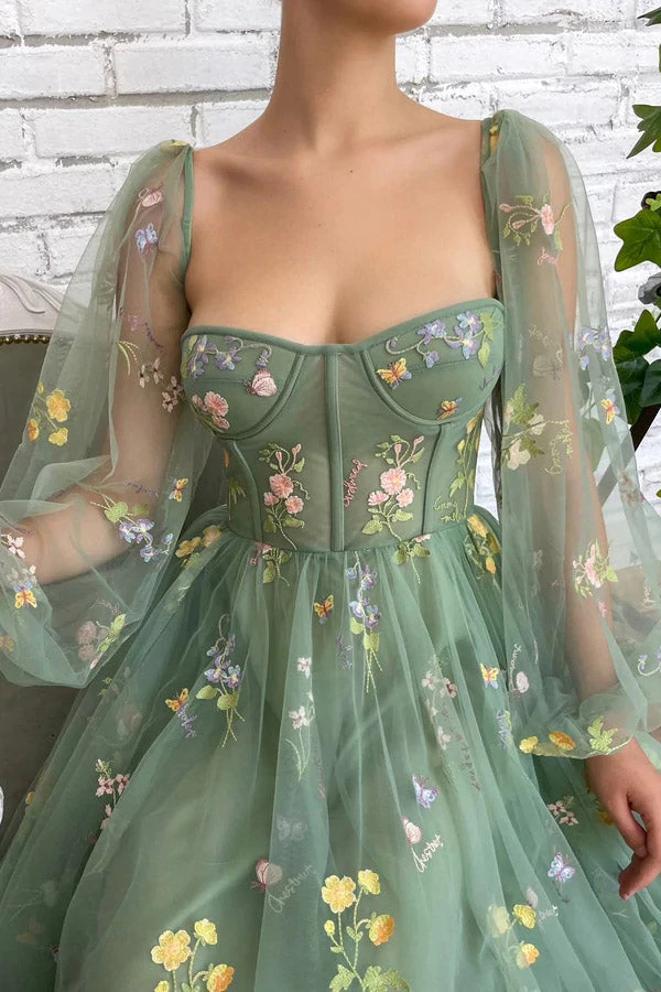 Light Green Embroidered Tulle Dress Evening Dress Puffy Long Sleeve Prom Dress KPP1601