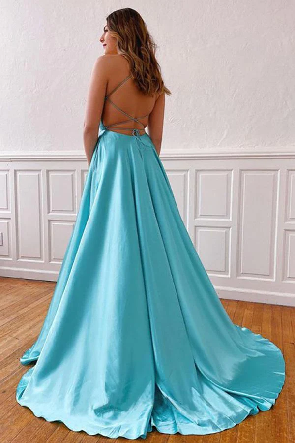 V neck Sleeveless Split Tiffany Blue Cross Back Prom Evening Dress KPP1623