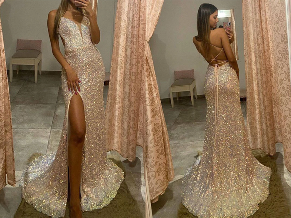 Trumpet Mermaid Deep V Long Prom Dresses Sparkly Split Evening Dresses KPP1471