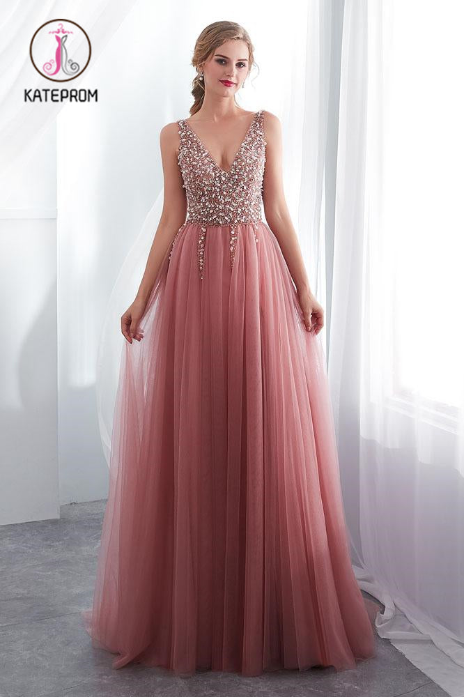 Beading V neck Pink High Split Tulle Sweep Train Sleeveless Evening Gown with Sequins KPP1054