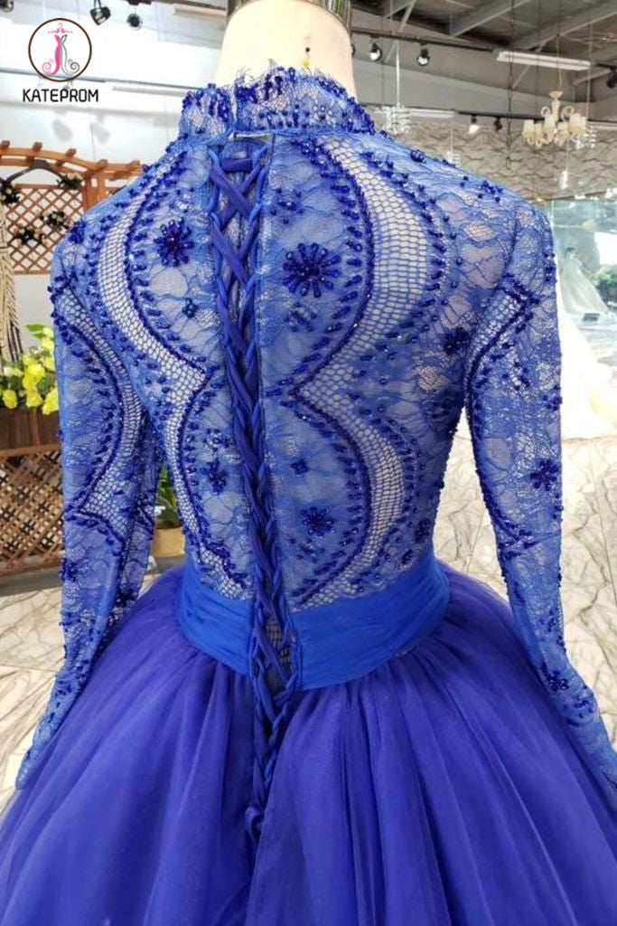 Royal Blue Long Sleeve Tulle Prom Dress with Lace, Long Party Dress with Beads KPP0860