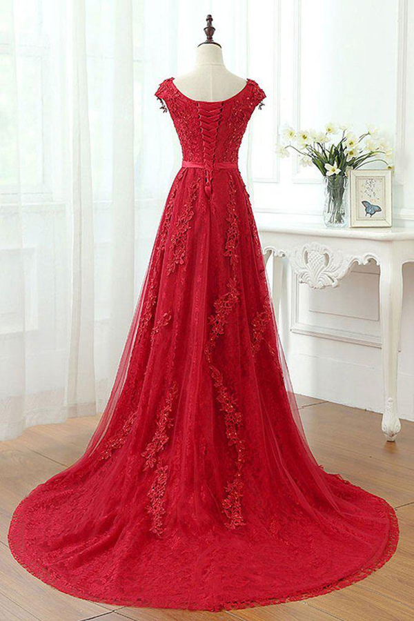Septing - septing A Line Red V Neck Long Lace Prom Dresses with Cap Sleeves KPP1454