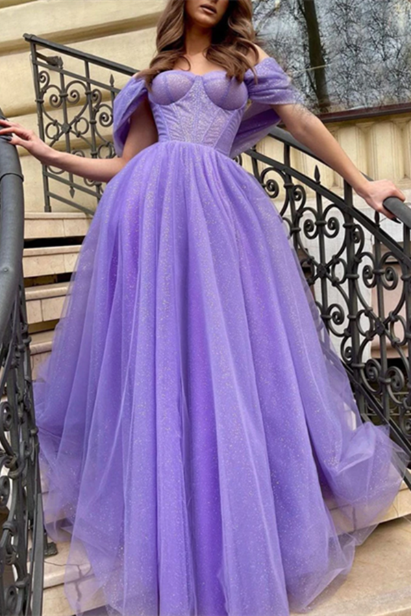 Chic A line Sparkly Off the shoulder Purple Prom Dress Tulle Evening Dress With Split Front KPP1547