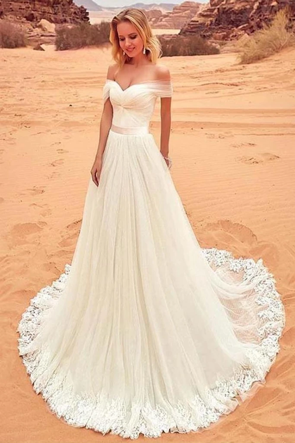 Charming Off The Shoulder Tulle Long Beach Wedding Dress, Bridal Gown for Sale KPW0689