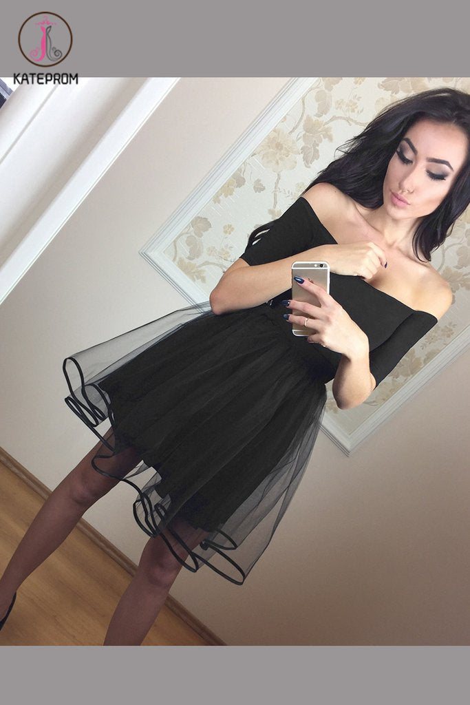 Black Off Shoulder Tulle Above Knee Homecoming Dress, Simple Short Prom Dresses KPH0402