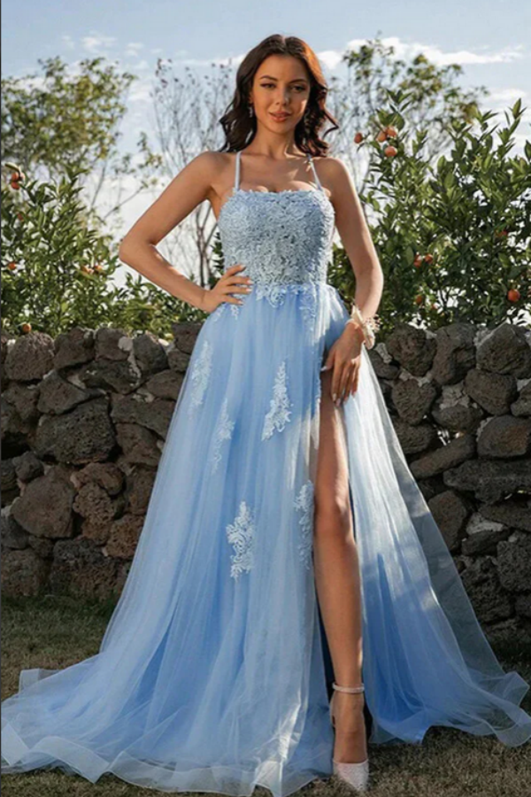Blue A Line Sleeveless Spaghetti Straps Prom Dresses With Lace Appliques KPP1678