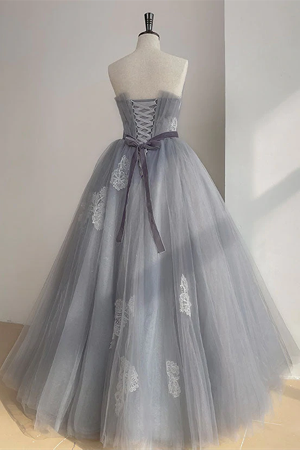 Chic A line Strapless Gray Tulle Long Prom Dress Applique Evening Formal Dress KPP1520