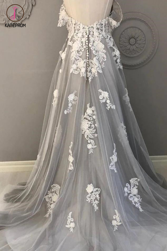 Gray Spaghetti Straps Sweep Train Tulle Prom Dress, A Line Lace Appliqued Formal Dresses KPP1276
