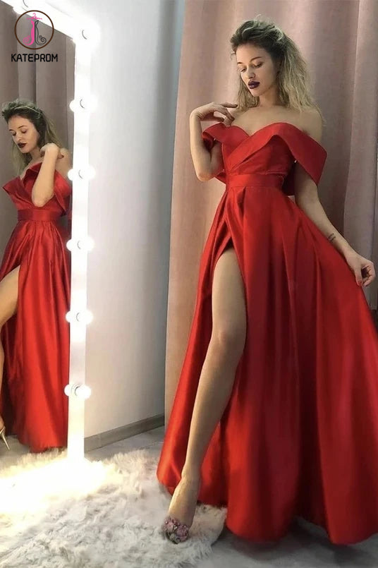 Sexy Red Satin Long Side Slit Off Shoulder Prom Dress, Simple Evening Dress KPP1265
