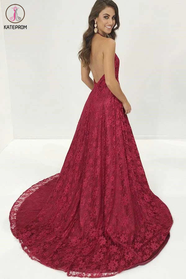 A-Line Halter Sweep Train Red Lace Prom Dress With Split KPP1261