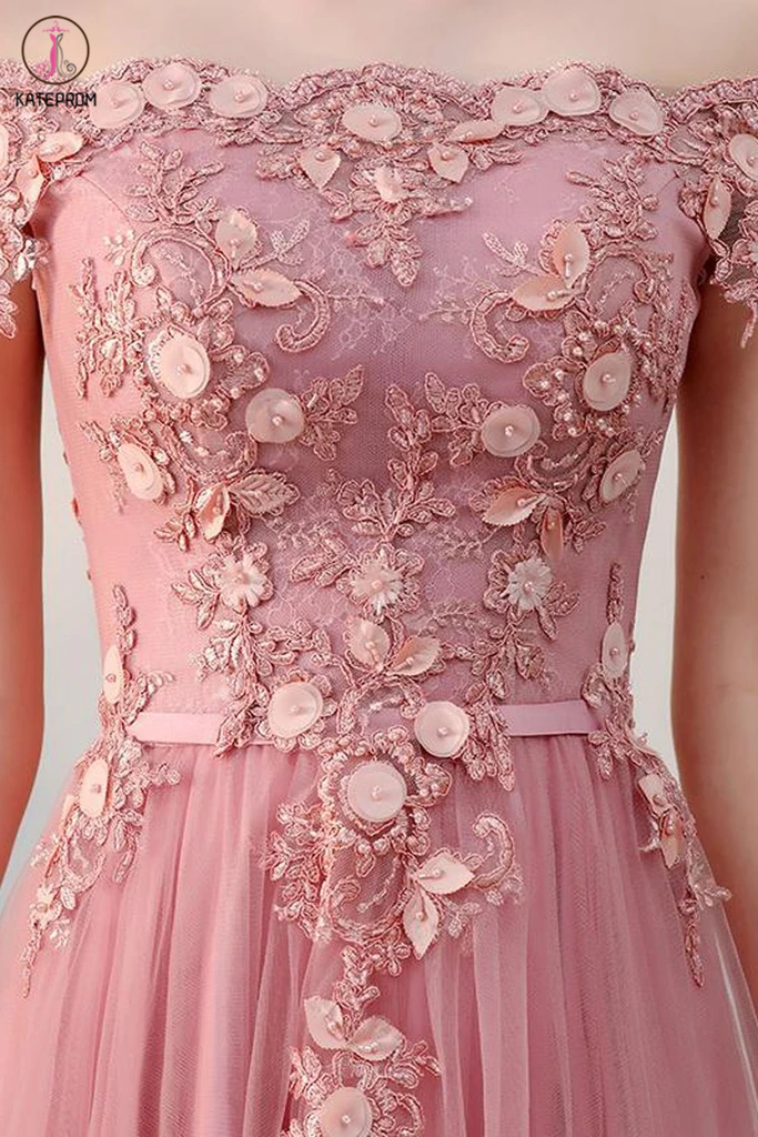 Pink Off the Shoulder Short Tulle Prom Dress, Cute Homecoming Dress with Appliques KPH0504