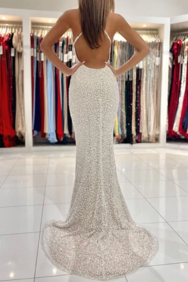 Spaghetti Straps Pearl White Prom Dresses Sparkly Sheath Formal Dress KPP1663