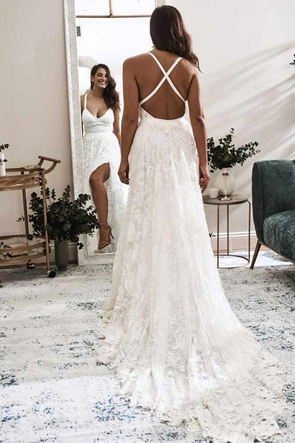 Elegant A Line V Neck Lace Ivory Beach Wedding Dresses with Slit, Bridal Gowns KPW0679