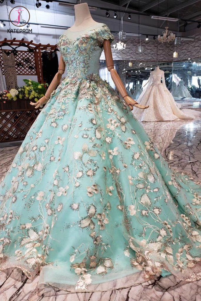Big Sheer Neck Puffy Prom Dress with Cap Sleeves, Fairy Tale Lace Dress with Beading KPP0856