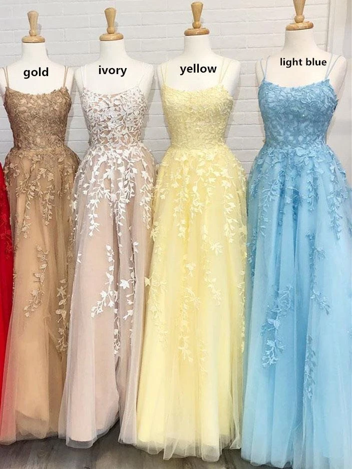 A Line Tulle Yellow Spaghetti Straps Prom Dresses with Appliques, Party Dress KPP1376