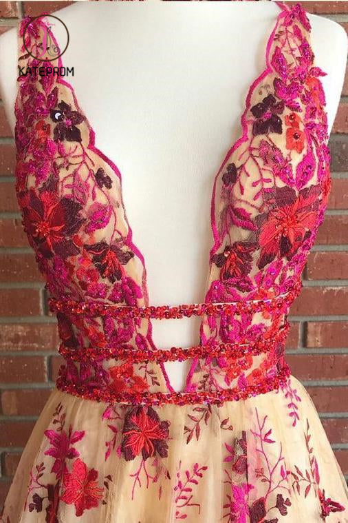 Deep V-Neck Lace Prom Dress with Beading, Long Prom Gown with Appliques KPP0939