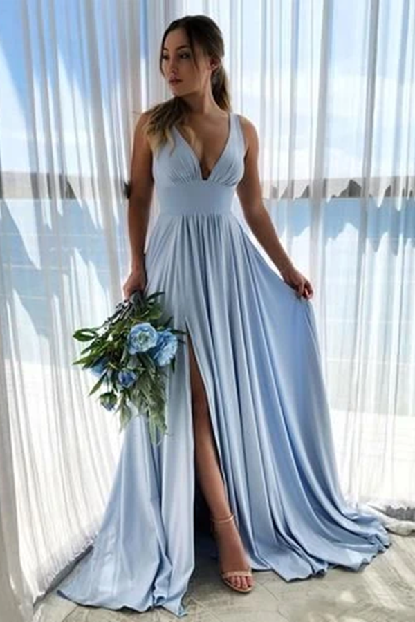 Deep V Neck Blue Long Prom Dresses Simple Bridesmaid Dresses KPB0198