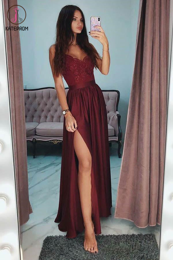 A-Line Spaghetti Straps Long Gray Prom Party Dress With Lace Sequins KPP1132