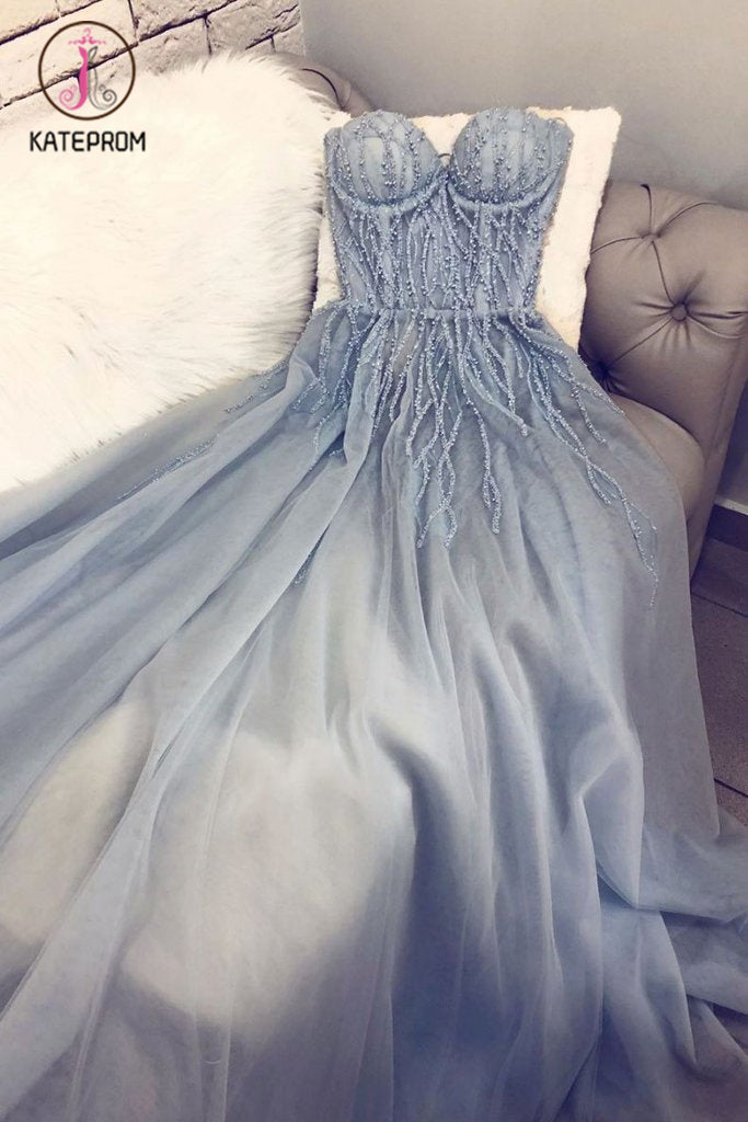 Light Blue A Line Sweetheart Tulle Appliqued Prom Dresses, Charming Long Party Dresses KPP1122