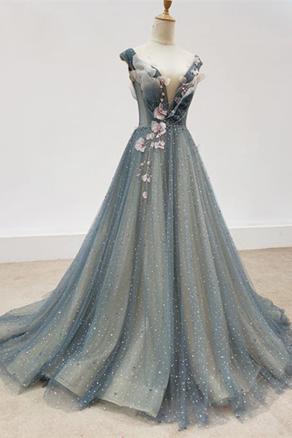 Chic A line Gray Blue V neck Long Beaded Prom Dress Tulle Floral Evening Party Dress KPP1557