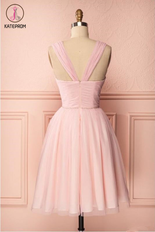 Pink Vintage Straps Tulle Knee Length Homecoming Dress, Straps Graduation Dresses KPH0414