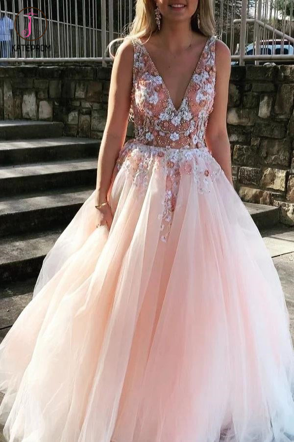 Light Pink V Neck Sleeveless Tulle Prom Dress with Flowers and Beads KPP1102