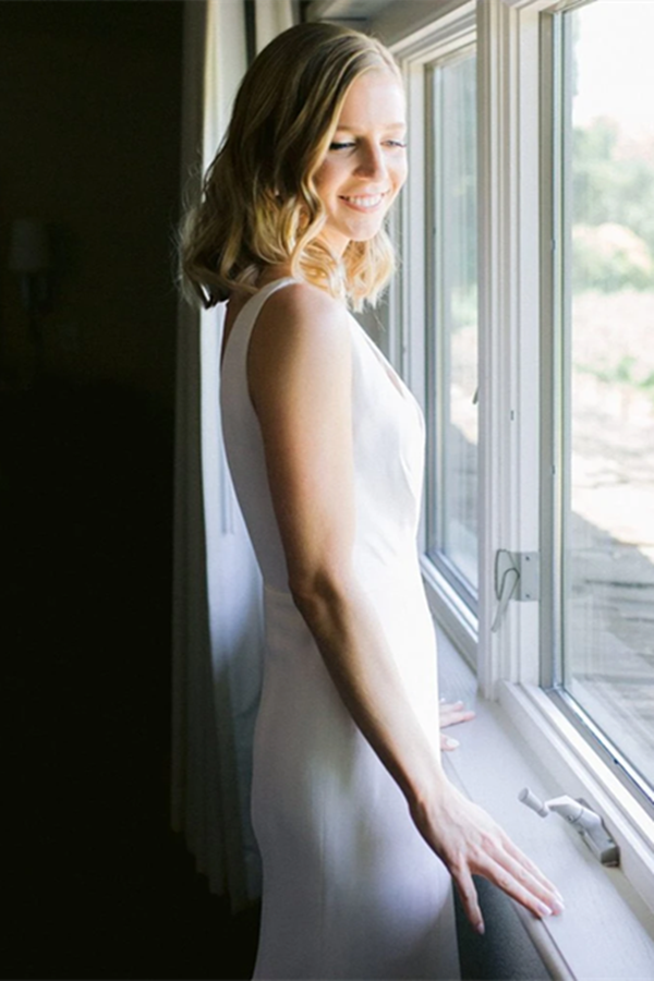 Elegant Sheath V Neck Off White Wedding Dresses, Simple Beach Wedding Gown KPW0683