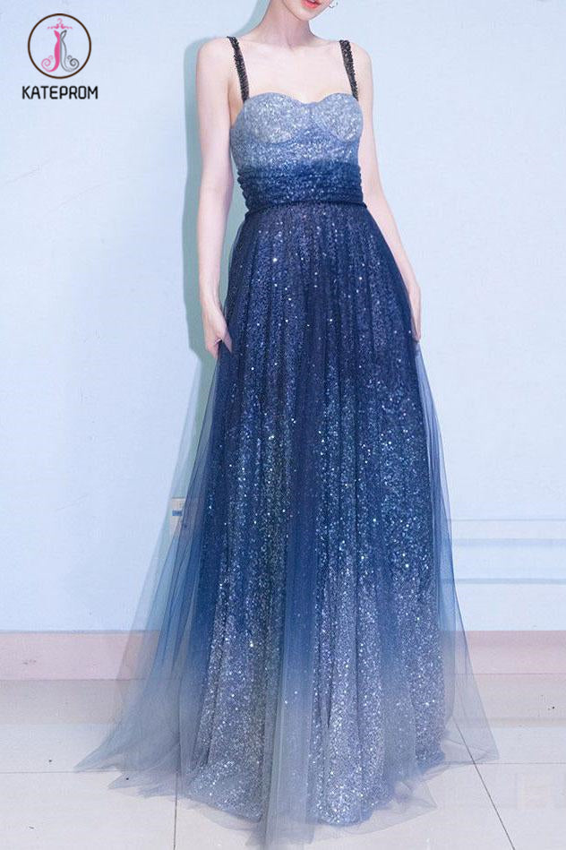 Royal Blue Straps Floor Length Ombre Tulle Prom Dress, A Line Elegant Evening Dress KPP1069