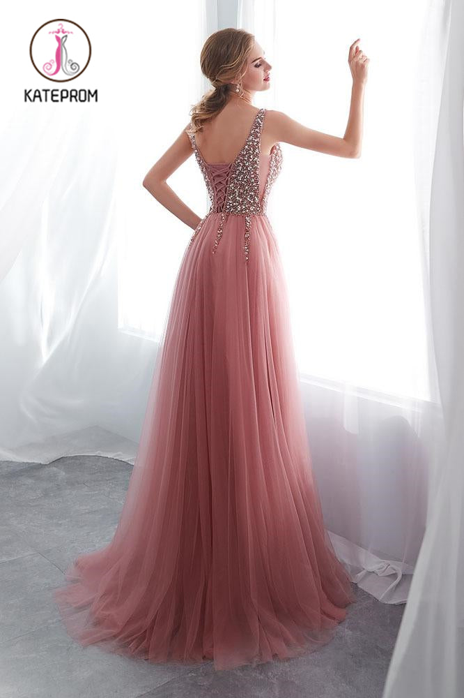 Beading V neck Pink High Split Tulle Sweep Train Sleeveless Evening Gown with Sequins KPP1054