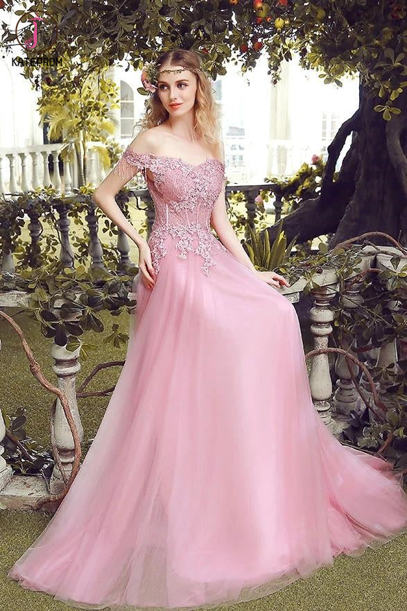 Pink Off the Shoulder Tulle Prom Dress with Lace Appliques, Long Evening Dresses KPP1309