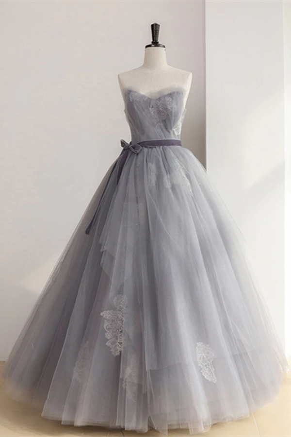 Chic A line Strapless Gray Tulle Long Prom Dress Applique Evening Formal Dress KPP1520