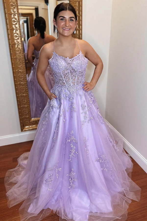 Open Back Purple Lace Tulle Long Prom Dress, Purple Lace Formal Dress KPP1737