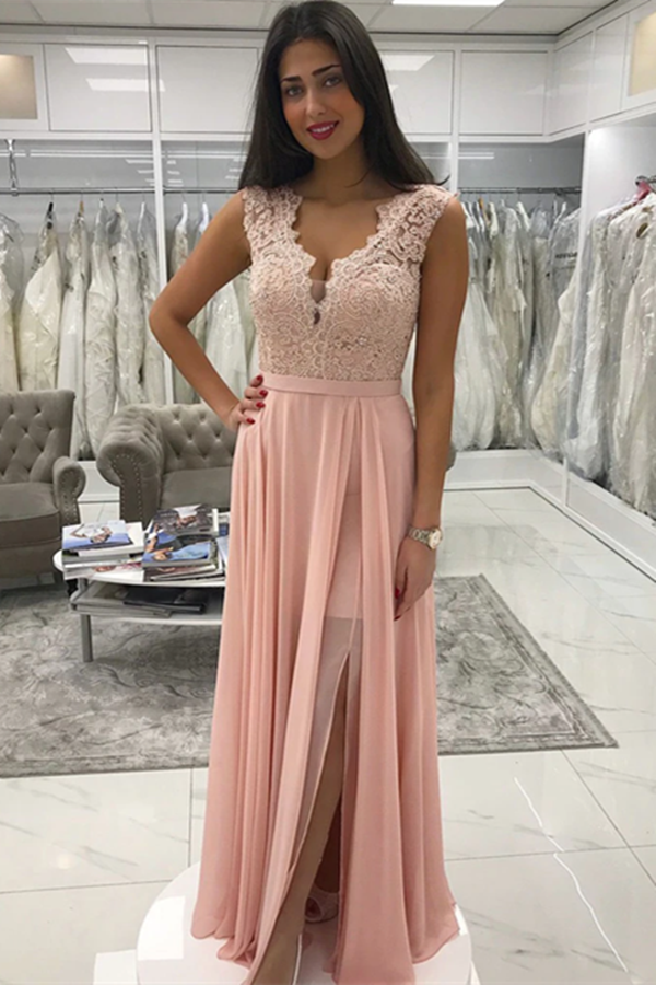 Delicate Chiffon V Neck Neckline A Line Prom Dresses With Beaded Appliques KPP1529