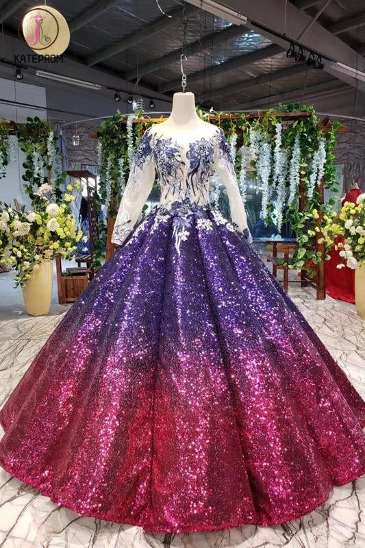 Ball Gown Long Sleeves Sequins Ombre Prom Dress, Puffy Quinceanera Dress KPP1063