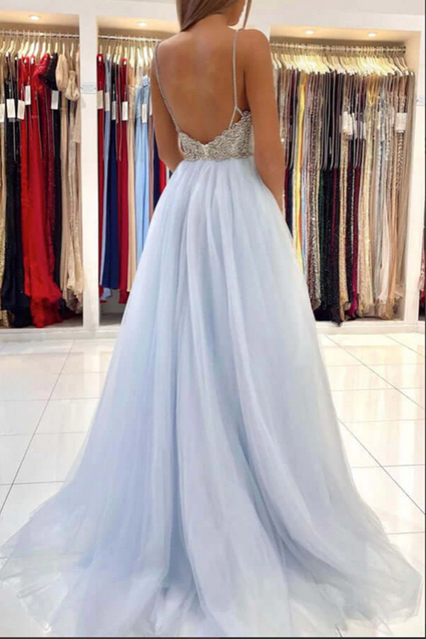 Light Blue Tulle A line V neck Backless Long Prom Dresses, Evening Gown KPP1543