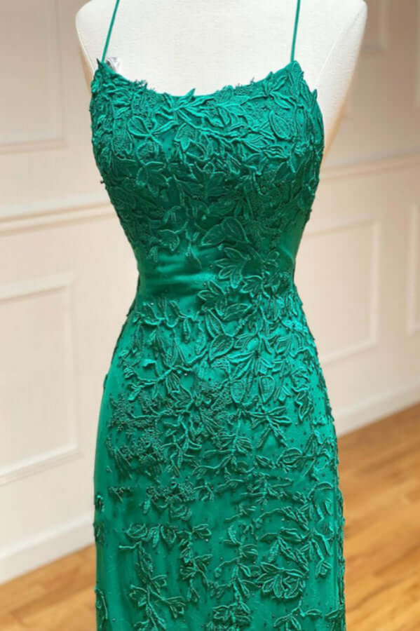 Green Lace Mermaid Backless Spaghetti Straps Prom Dresses, Evening Gown KPP1634