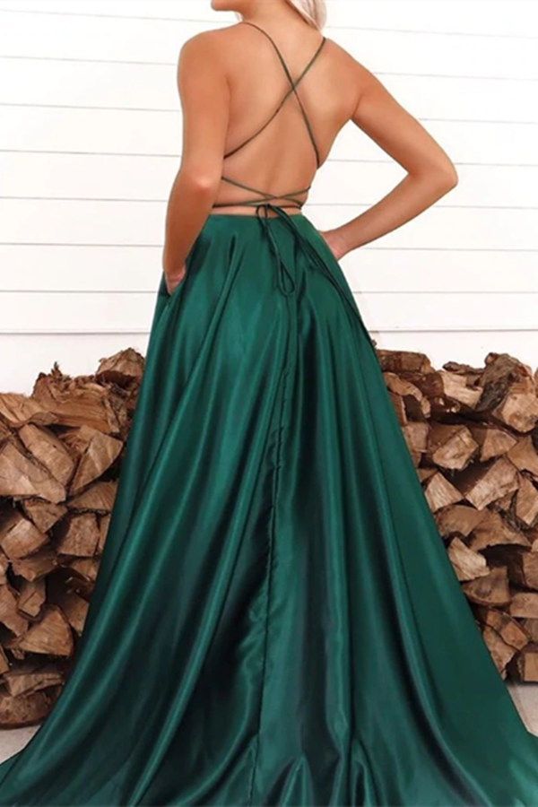 Chic A line Spaghetti Straps Dark Green Scoop Prom Dress Satin Evening Split Dress KPP1572