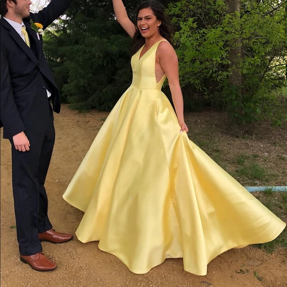 A Line V Neck Yellow Prom Dresses, Yellow V Neck Formal Graduation Evening Dresses KPP1567