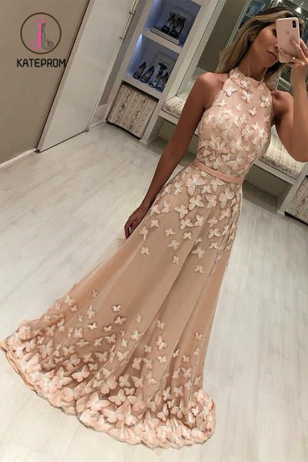 Modest High Neck Sleeveless Sweep Train Prom Evening Dresses with Appliques KPP0881